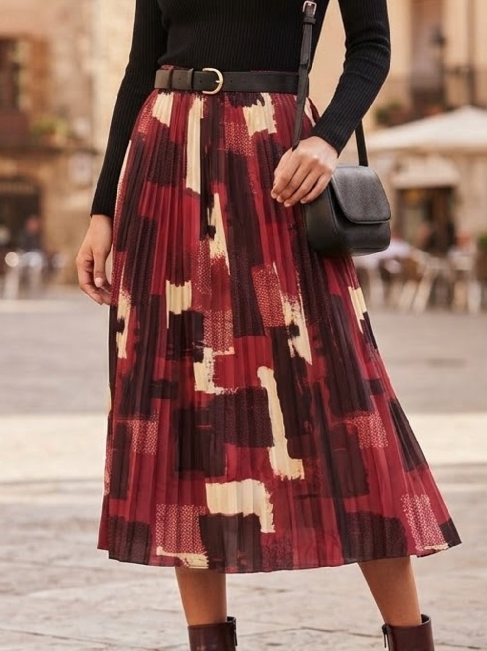 Abstract Pleated Midi Skirt in Burgundy and Cream